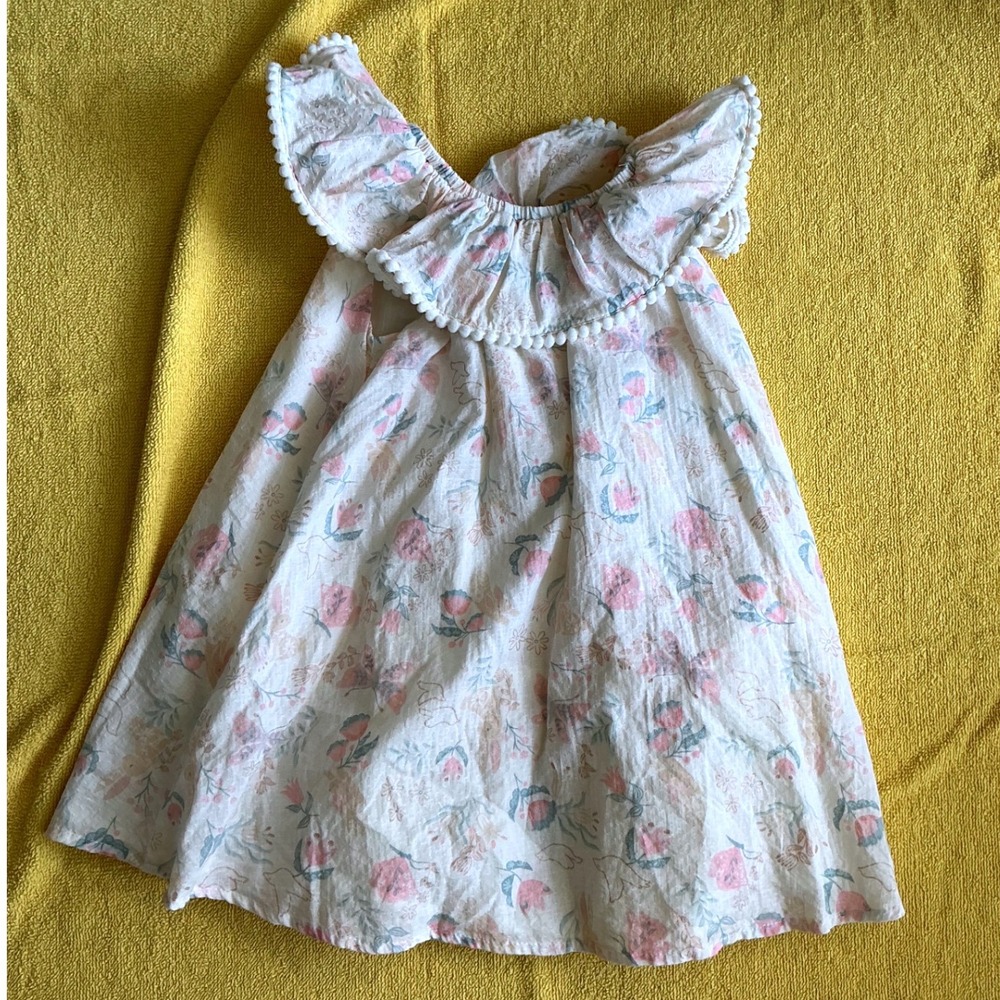 Cynthia Rowley Floral Bunny Dress Kids 2T Cream Pink Excellent Pom Pom Ruffle - Picture 2 of 8